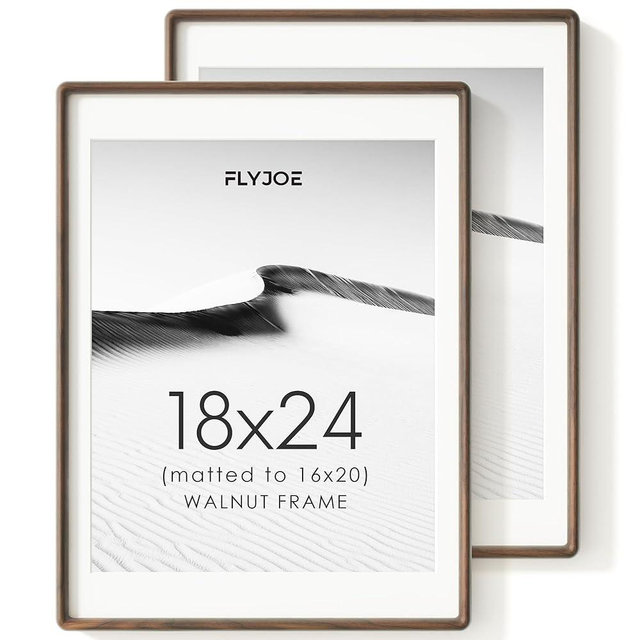 FLYJOE 18x24 Poster Frame Set of 2, Natural Solid Walnut Wood Picture Frame with Tempered Glass, Handcrafted Rounded Corner 18 x 24 Frame Matted to 16x20 Photo, Horizontal or Vertical Wall Mounting