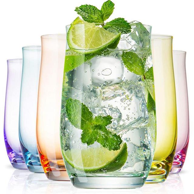 BENETI Exquisite Highball Colored Drinking Glasses [Set of 6] Colorful Water Glasses with Heavy Base, Cocktail Glasses, Collins Glasses, Tumbler Glasses, Glass Cups for Juice, Barware Set (14oz Cups)