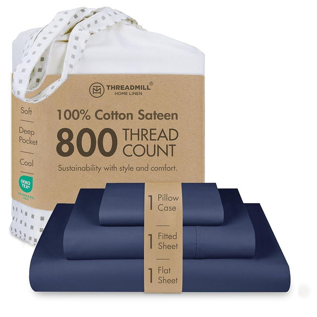 Threadmill Luxury 800 Thread Count Twin 100% Cotton Sheets - Folkstone Blue Sateen Weave Bed-Sheets, Better Than Egyptian Cotton,3 Pc Solid Soft Bedding Set, Fits 15" Deep Pocket