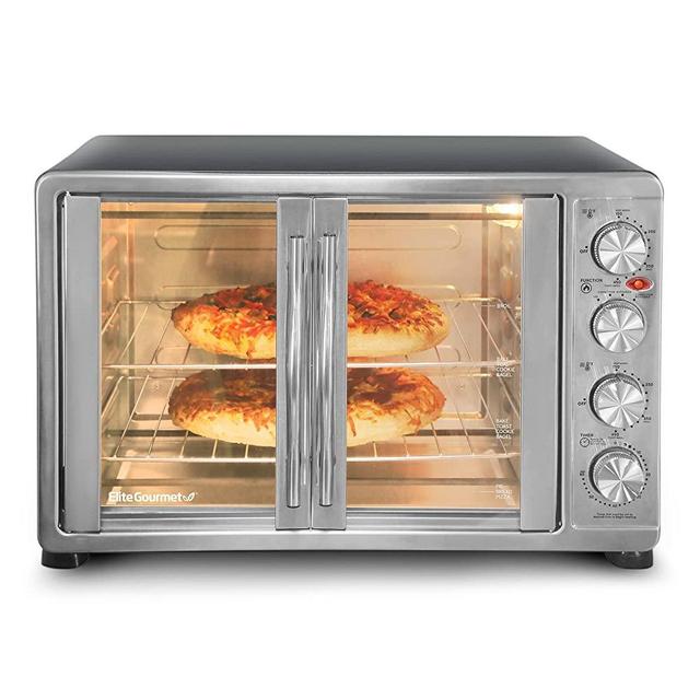 Elite Gourmet ETO4510B# Double French Door 4-Control Knobs Countertop Convection Toaster Oven, Bake Broil Toast Rotisserie Keep Warm 14" Pizza Includes 2 Racks, 18-Slice, 45L