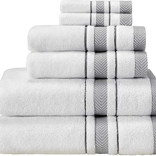 Hestia_6 Piece Towel Set, 100% Egyptian Cotton, Highly Absorbent, Elegant and Super Soft, Luxury Hotel & Spa Quality, Towels Set for Bathroom (2 Bath Towels, 2 Hand Towels,2 Washclothes) White / Grey