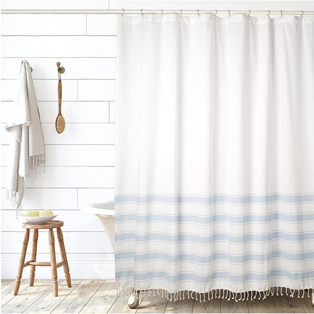 Folkulture Boho Shower Curtain Blue, 72 inch Shower Curtains for Bathroom with Tassels for Bathroom Décor, Water Repellent, Recycled Cotton, (Cabana Blue)