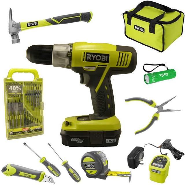 Ryobi Household Tool Set Bundle with Ryobi 18V ONE+ Drill, Drill Bits, Household Tools and Buho Pocket Flashlight