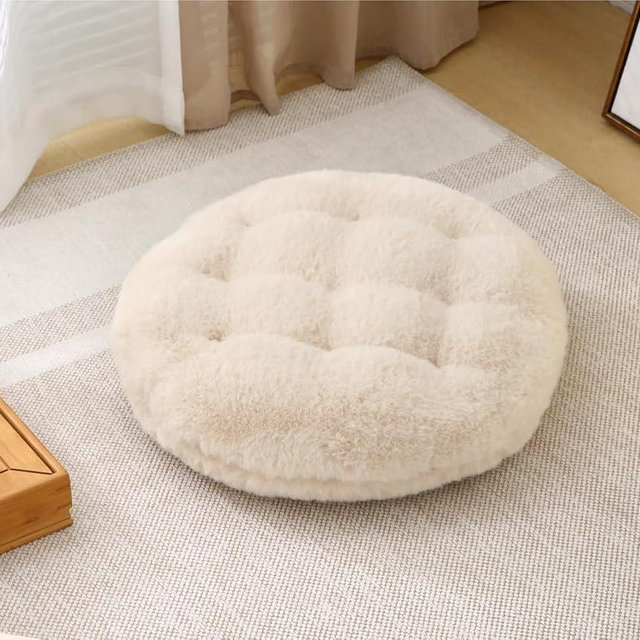 Volple Large Floor Pillow Meditation Cushion Round Floor Cushions for Adults,Luxury Faux Fur Thick Floor Pillows for Sitting Put in Living Room Balcony Outdoor Tatami（Beige）