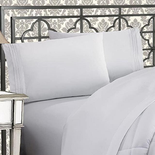 Elegant Comfort Luxurious & Softest 1500 Thread Count Egyptian Three Line Embroidered Softest Premium Hotel Quality 4-Piece Bed Sheet Set, Wrinkle and Fade Resistant, King, White