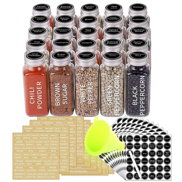 SWOMMOLY 25 Glass Spice Jars 8 oz Empty Spice Bottles with 713 Spice Labels, Chalk Marker and Funnel Complete Set. 25 Square Seasoning Containers with Airtight Cap, Pour/sift Shaker Lid