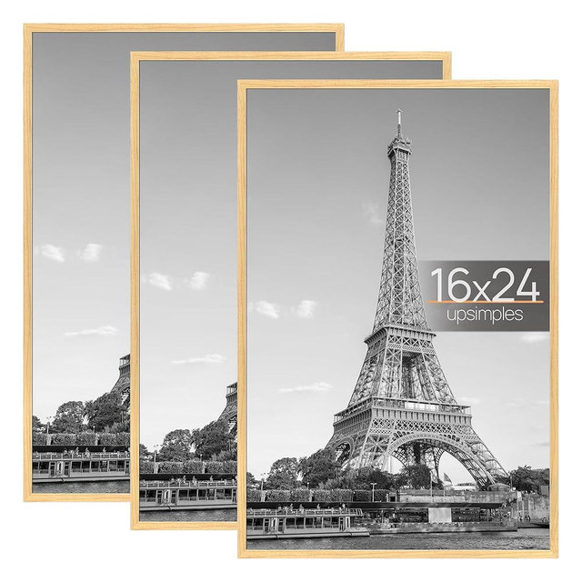 upsimples 16x24 Picture Frame Natural 3 Pack, Scratch-Proof Poster Frames 16 x 24 for Photo Gallery - Slide-In Strips, Horizontal or Vertical Wall Mounting