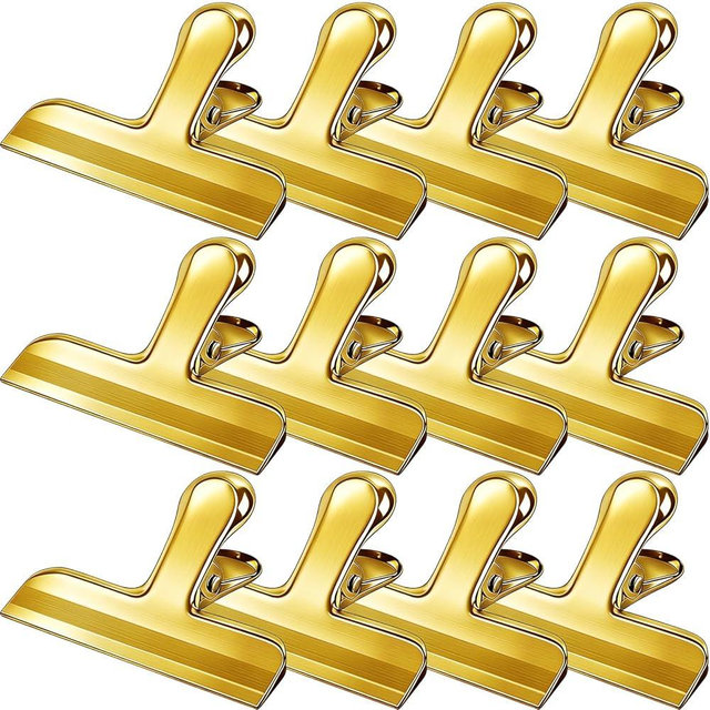Chip Clips, 12 Pack Stainless Steel Bag Clips, 3 inch Heavy Duty Snack Bread Coffee Clip, Air Tight Seal Food Clip Clamp Office Paper Clamps for Food Packages, Kitchen, Office, Home, Fridge Gold
