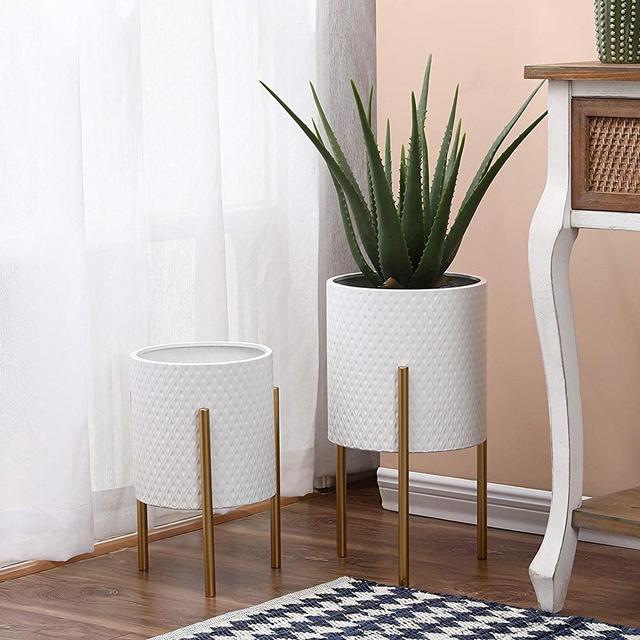 Luxenhome Planters for Indoor Plants, Set of 2 Plant Pots, White Planter, Luxury Flower Pots for Indoor Plants, Plant Pot for Indoor Plants, Plant pots Indoor with Gold Metal Stand