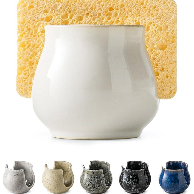 Zoeeker Sponge Holder for Kitchen Sink Counter, Ceramic Dish Sponge Caddy White Sink Organizer Dish Rack Farmhouse Brush Holder for Bathroom, Kitchen, White