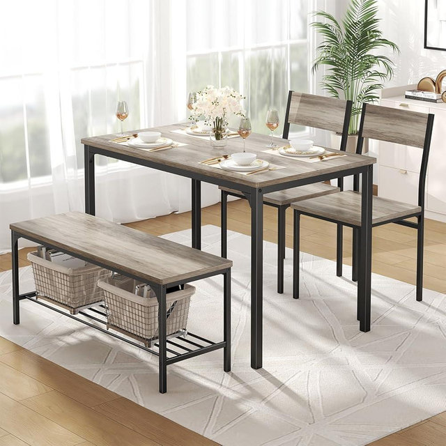 DUMOS Dining Table, Dining Table Set for 4 with Bench, Easy to Assemble Kitchen Table, Space-Saving Ideal 4-Person Set for Dining Room Kitchen Apartment Corner Gray 4 Pack