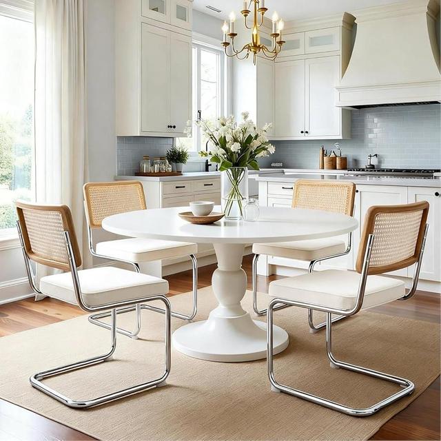 Zesthouse Natural Rattan Dining Chairs Set of 4, Modern Dining Room Chairs with Solid Wood Back for Kitchen Living Room, Mid Century Breuer Design Inspired, Upholstered Velvet Fabric, White