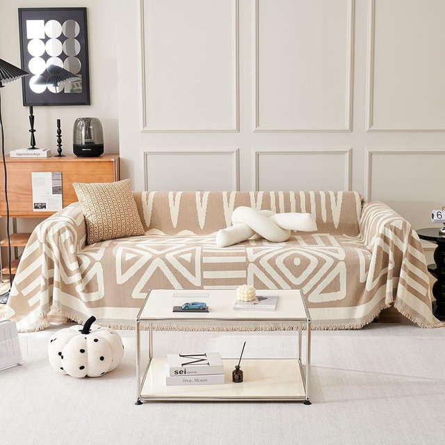 VClife Couch Cover Boho, Khaki Jacquard Sofa Cover for 3 Cushion Couch Sofa, Anti Slip Dog Sofa Couch Cover Washable Sofa Slipcover L-Shape Sectional Sofa Cover with Tassel, 91"x134"