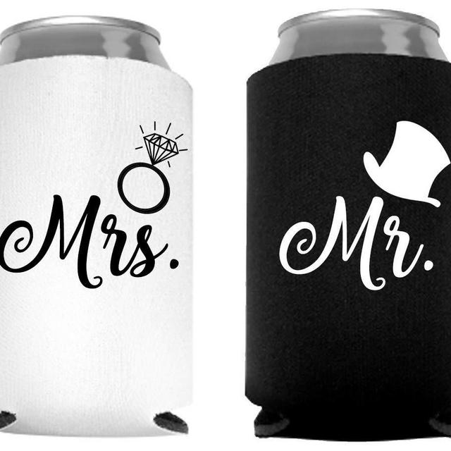 Mr. and Mrs. Can Coolers, Set of 2, 1 White and 1 Black Beer Can Coolies, Cute Wedding Gifts, Novelty Can Cooler, Perfect Engagement or Anniversary Gift, Bridal Shower Gift