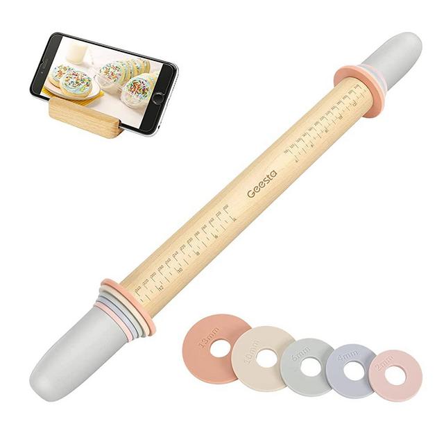 Adjustable Rolling Pin with 5 Thickness Rings & Handles Press Design 17.3" Length Crust Measurement Guide Baking Accessories