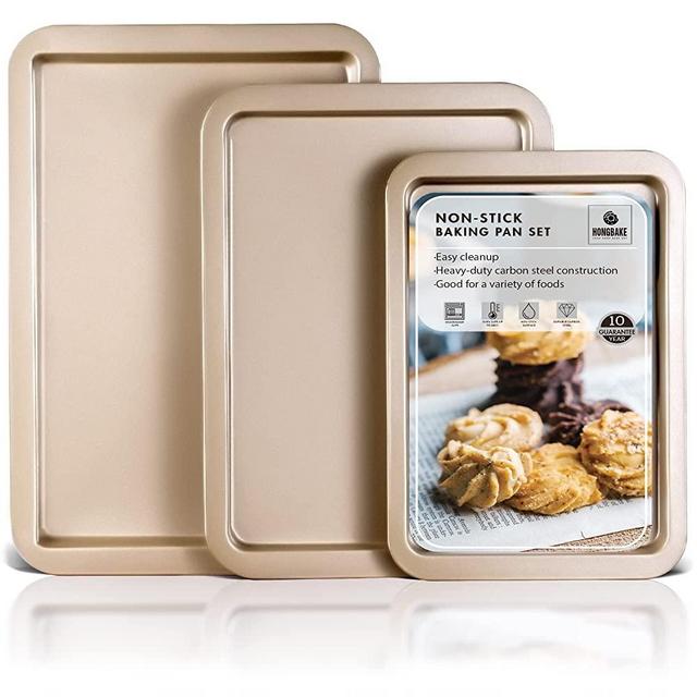 HONGBAKE Premium Cookie Sheets for Baking, Nonstick Oven Pan Set of 3 with Wide Edge, Half/Jelly Roll/Quarter/ Baking Tray, Dishwasher Safe - Champagne Gold