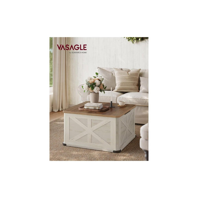 VASAGLE Farmhouse Coffee Table with Storage, Square Coffee Table for Living Room, Center Table with Flip-Top Lids, Honey Brown and Rustic White