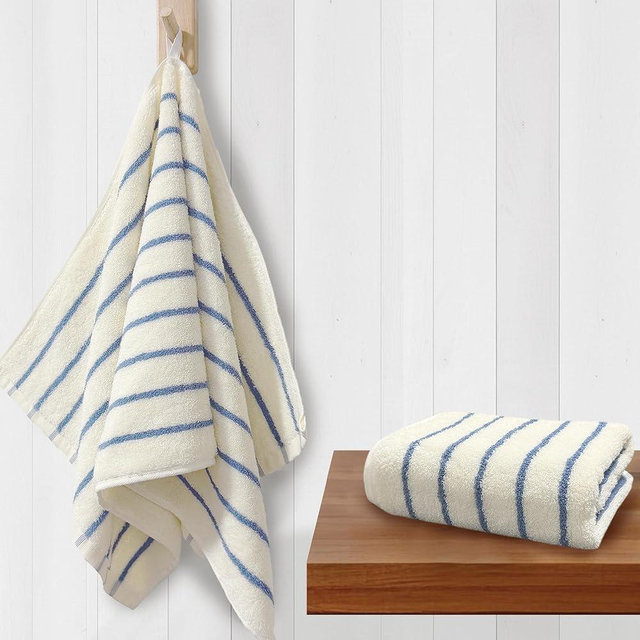 VOOVA & MOVAS Blue Stripe Cotton Hand Towels Set of 2 – 13x28 Inch, Medium Weight 420GSM, Ultra Absorbent, Daily Use Bathroom & Kitchen Towels, Durable Soft Comfortable