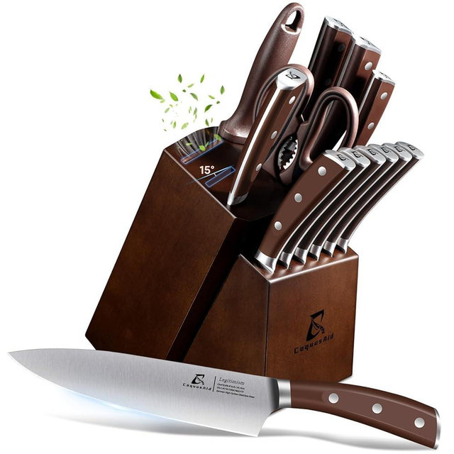 CoquusAid Knife Set, Upgrade 15 Pcs Knife Block Set with Widened Ventilated Slot, German Stainless Steel Kitchen Knives Set with Sharpener, Professional Chef Knives Set, Full Tang Ergonomic Handle
