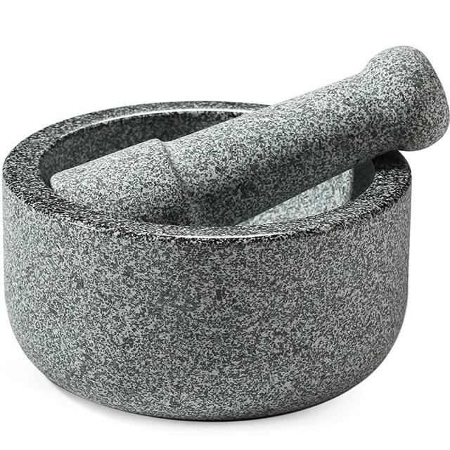Mortar and Pestle Set-6.1 Inch,2 Cup Capacity，Anti-Slip Bottom Heavy Granite,Guacamole Mortar Large
