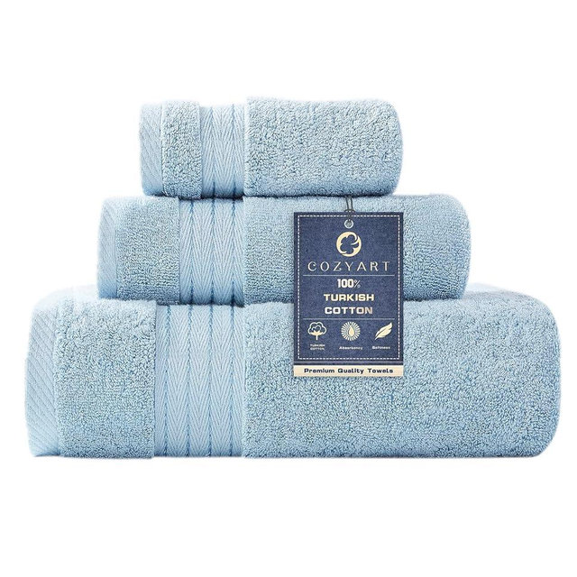 COZYART Light Blue Towels Set for Bathroom 3Pcs, Turkish Cotton Bath Towels Sets for Bathroom Soft Highly Absorbent 650 GSM with 1 Bath Towel, 1 Hand Towel, 1 Washclothe