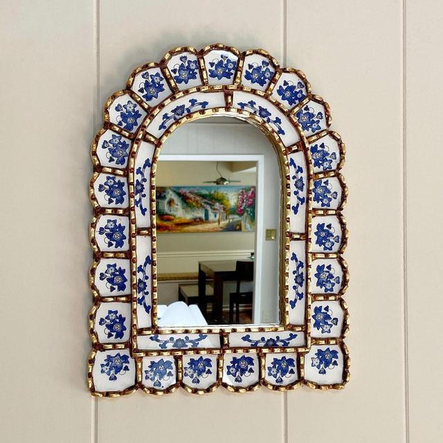 Spanish Arch mirror, blue and white arch mirror, mediterranean mirror, painted glass mirror, Handmade Peruvian mirror, decorative mirror
