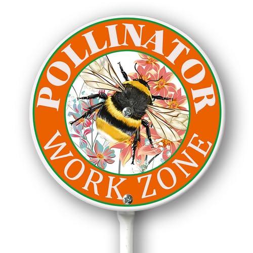 Kurmntregon Pollinator Work Zone Garden Sign Pollinators Friendly Yard Sign Bees Butterflies Round 9.2inch Rustproof Aluminium Home Farm Garden Porch Decor Outside Outdoor Lawn