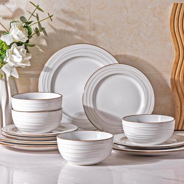 GBHOME Ceramic Dinnerware Sets, Embossed White Stoneware Plates and Bowls Sets, Housewarming Wedding Gift | Dishwasher & Microwave Safe | Dishes Set Service for 4