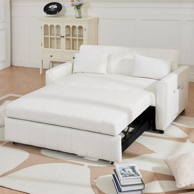 Hixkol Convertible Sleeper Sofa Bed, 55.51" Modern Velvet 3-in-1 Futon Couch, Pullout Bed with Adjustable Backrest, Storage Pockets and Toss Pillows for Living Room, Bedroom (White)