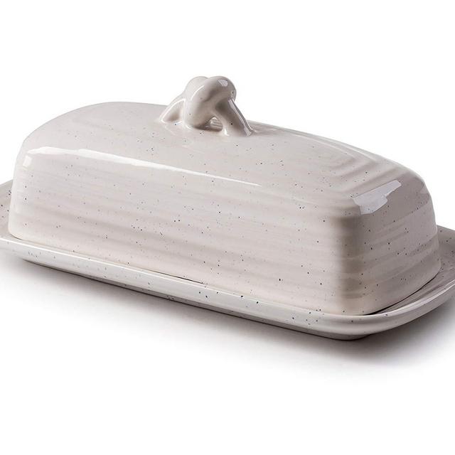Roscher Ceramic Butter Dish w/Handle (Avalon White Speck) Modern Dish and Plate Combo | Classic Rustic Colors, Contemporary Design | Vintage Kitchen, Dining Décor (white)