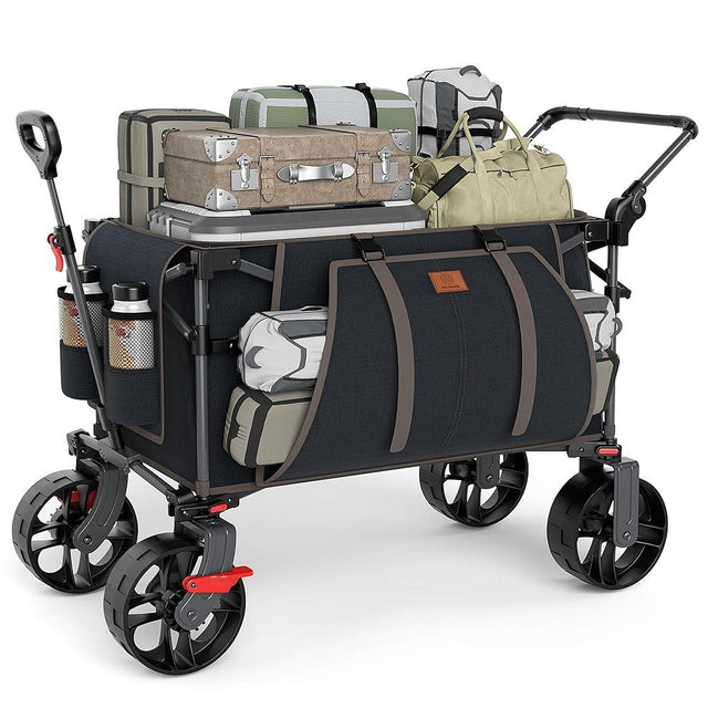 EVER ADVANCED Folding Push Wagon with Brakes, Portable Shopping Cart, Collapsible Wagon Cart with All-Terrain Big Wheels for Camping, Beach, Sports