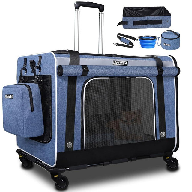 Petskd Extra Large Cat Carrier with Wheels and Litter Box, 24"x17"x17" Rolling Soft Carrier Until 55LBS Pets with 5 Breathable Mesh Windows and Locking Zippers for Long Distance Car Travel(Blue)