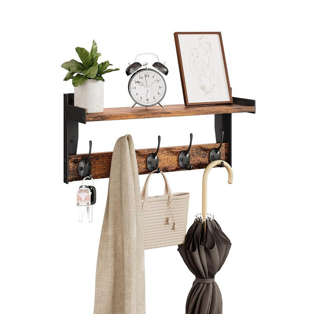 FNBAR Wall Hooks with Shelf, Wood Coat Rack with Shelf Wall-Mounted, Entryway Hanging Shelves with 5 Metal Hooks for Clothes Hats Towel Purse Robes, Bathroom Mudroom Bedroom, Rustic Brown