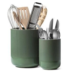 LE TAUCI Utensil Holder for Kitchen Counter, 7.3"+5.4" Fluted Ceramic Utensil Crock Organizer for Countertop, Heavy Large Holder for Spatulas, Spoons, Set of 2, Forest Green
