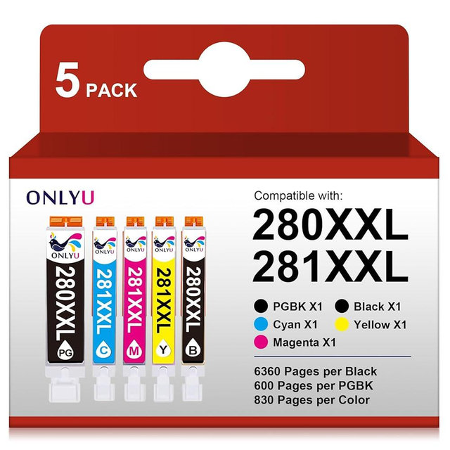 ONLYU 280XXL 281XXL Compatible for Canon Ink 280 and 281 Cartridges PGI-280XXL CLI-281XXL for Canon TR8520 Ink Cartridges for Pixma TR8620 TR8620a TS6320 TR7520 TS6120 TS6220 TS8220 TS9520 (5 Packs)
