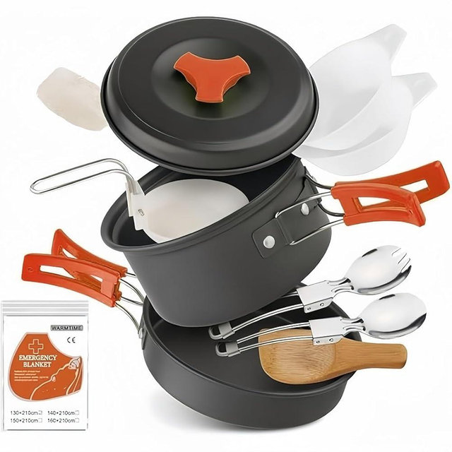 12 PCS Lightweight Camping Cookware Set – Non-Stick Pots, Pans & Utensils for Backpacking, Hiking & Outdoor Cooking – Compact Mess Kit for 1-2 People Give Away an Emergency Blanket as a Gift