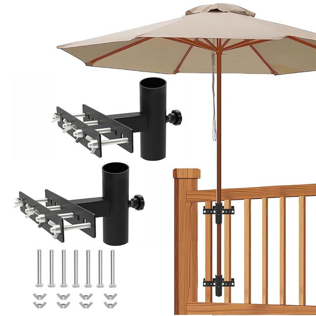 Generic Adjustable Patio Umbrella Stand, Black, Durable Metal Umbrella Holder for Deck Railing, Fits Most Umbrella Poles