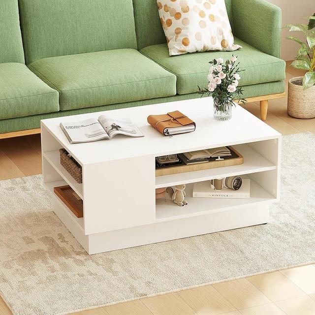 Giantex Coffee Table with Storage, Rectangle Accent Sofa Table with Shelf & Elevated Base, 2-Tier Modern Cocktail Table, Geometric Center Table for Living Room, Reception Room, Lounge, White