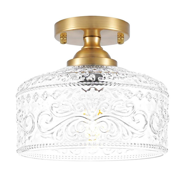 Gold Semi Flush Mount Ceiling Light, Antique Brass Ceiling Light with Glass, Indoor Close to Ceiling Light Fixture, Entryway Light Fixtures, Overhead Lighting for Hallway Kitchen Bedroom Dining Room