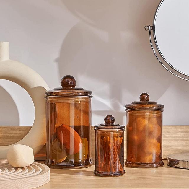 KMwares 3PCs Set Small Mini Clear Glass Premium Quality Apothecary Jars/Bathroom Storage with Lids/Vanity Organizer Canisters for Cotton Balls/Swabs, Makeup Sponges, Bath Salts, Q-Tips (Brown)