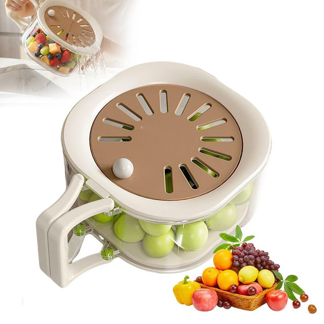 2-in-1 Draining and Preservation Basket,Multifunctional Fruit and Vegetable Washing Bowl with Handle Fruit Strainer Container and Lid for Kitchen Fridge Outdoor Picnic Camping (Brown)