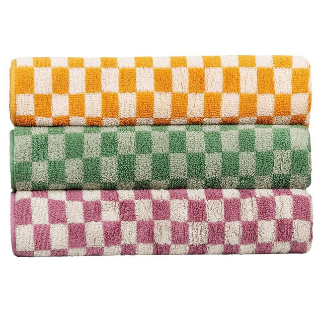 CinGiiCo Checkered Bath Towels Set of 3, 100% Cotton Bath Towels Large, 600GSM, 55 * 28 in, Luxury Shower Towels for Bathroom, Soft Absorbent Quick-Dry（Orange+Dark Green+Pink）