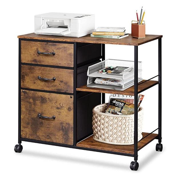 DEVAISE 3 Drawer Mobile File Cabinet, Rolling Printer Stand with Open Storage Shelf, Fabric Lateral Filing Cabinet fits A4 or Letter Size for Home Office, Rustic Brown Wood Grain Print