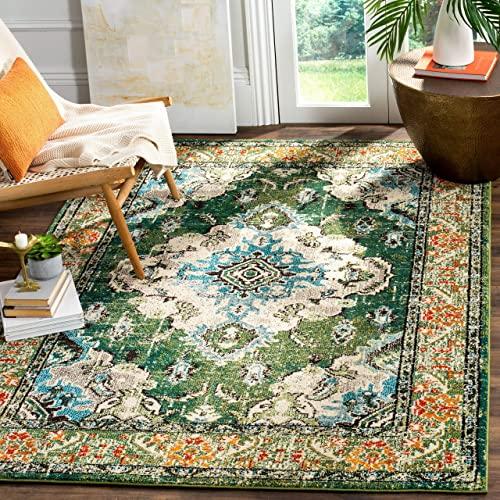 Safavieh Monaco Collection MNC243F Bohemian Chic Medallion Distressed Area Rug, 5' 1" x 7' 7", Forest Green/Light Blue