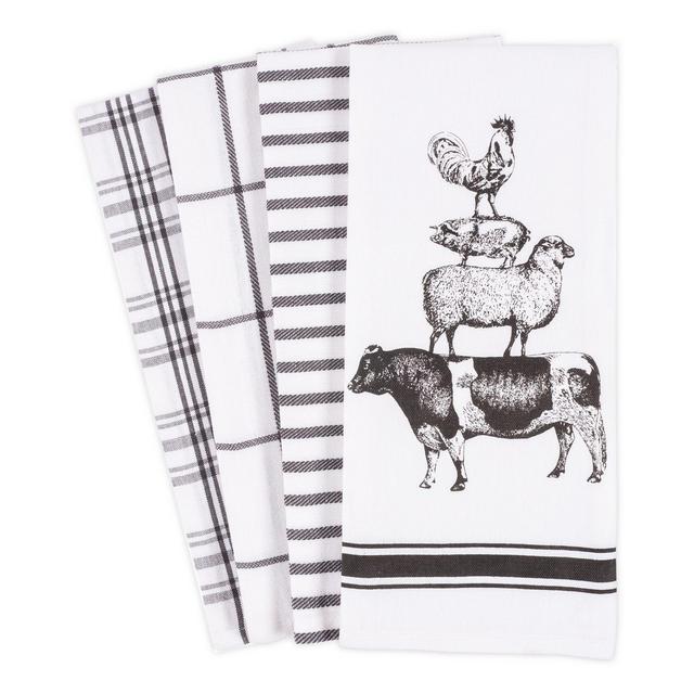 KAF Home Stacked Farm Animals Kitchen Towels in Black/White (Set of 4)
