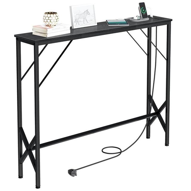 NEFROM Console Table, Skinny Entryway Table with Charging Station, Narrow Long Sofa Table, Behind Slim Couch Table for Entrance, Hallway, Living Room Decor ST-BK100-1