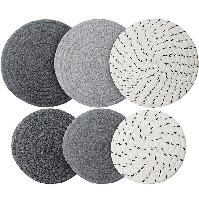 6 Potholders Trivets Set Braided Woven, 7 Inch and 4.7 Inch Stylish Cup Coaster Cotton Thread Weave Hot Pot Holders Set Hot Pad Mat for Kitchen Trivet Cooking Hot Pot (Gray, Dark Gray, White Gray)
