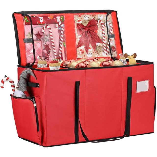 Irrantan 2-in-1 Christmas Ornament Storage Box & Xmas Figurine Container, Premium Christmas Ornament Storage Container - Holds Up to 64pcs-3” Ornaments, Adjustable Dividers, 4 Individual Trays -Red
