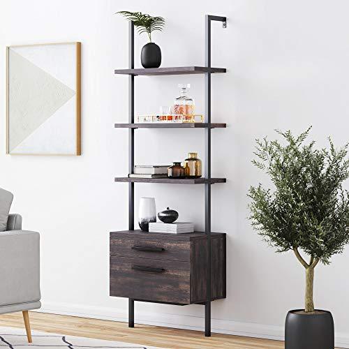 Nathan James Theo Industrial Bookshelf with Wood Drawers and Matte Steel Frame, Warm Nutmeg/Black