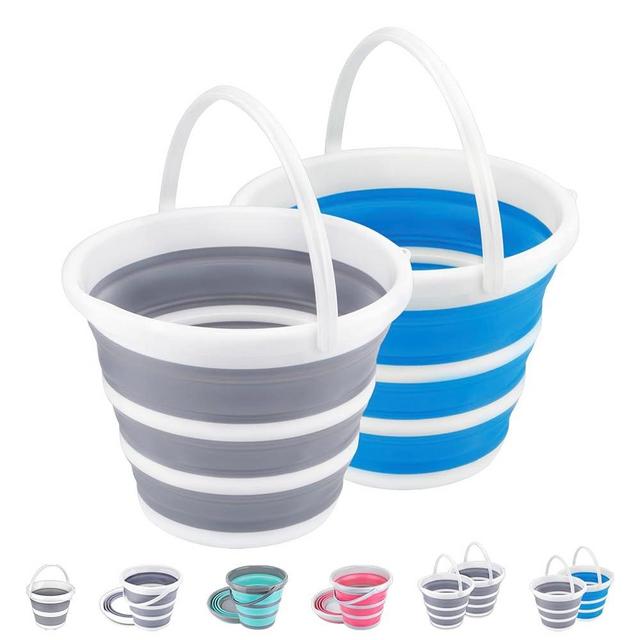 2 Pack Collapsible Buckets 10L 2.6 Gallon Cleaning Bucket Mop Bucket Folding Foldable Portable Small Plastic Water Supplies for Outdoor Garden Camping Fishing Car Wash Space Saving Grey and Blue